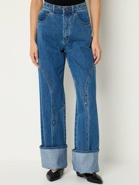 Laagam Dallas Denim Jeans Wide Leg High Waist Cuffed Hem Blue Sz 40 US 8